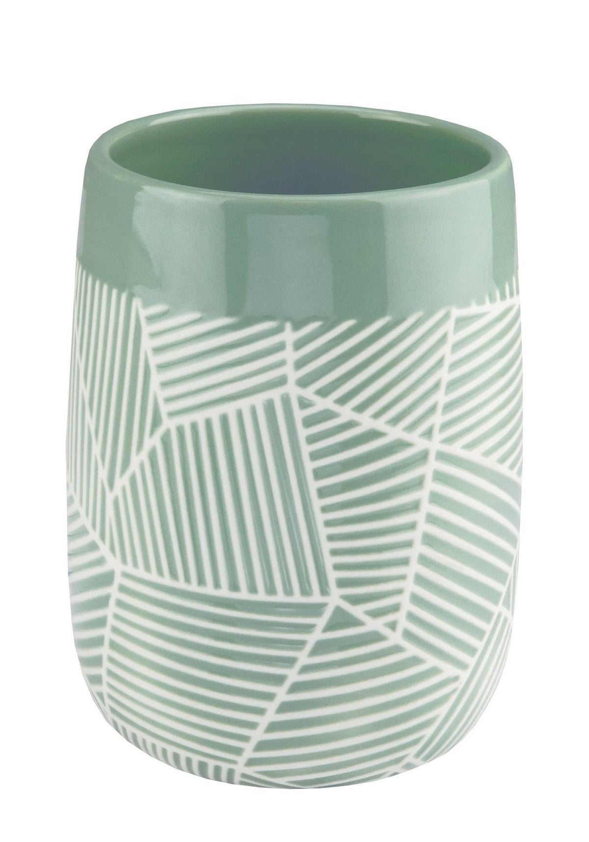 Mintgrüner Keramikbecher mit weißem, geometrischem Linienmuster, modern