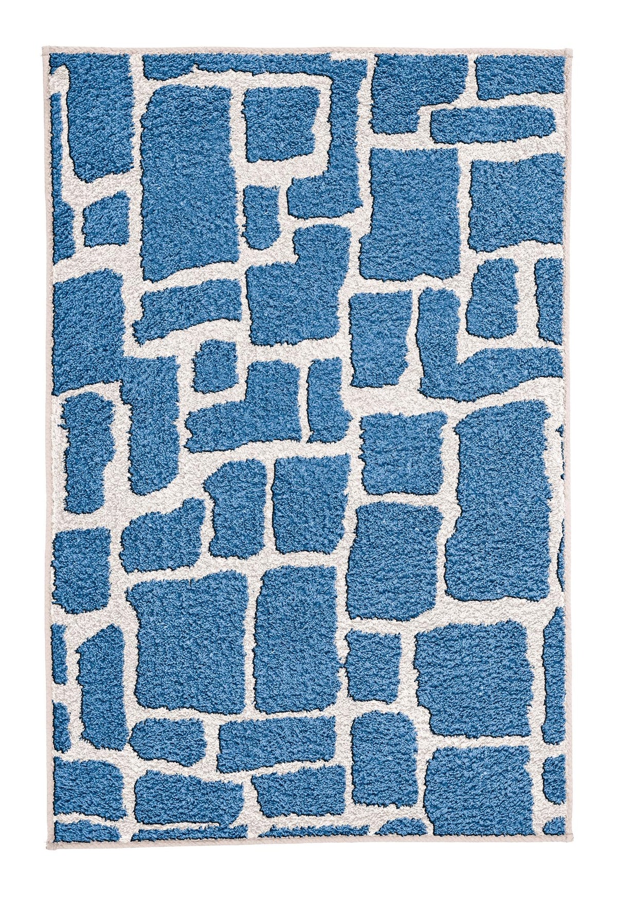 Blauer Badteppich mit cremefarbenem, abstraktem Steinmuster.