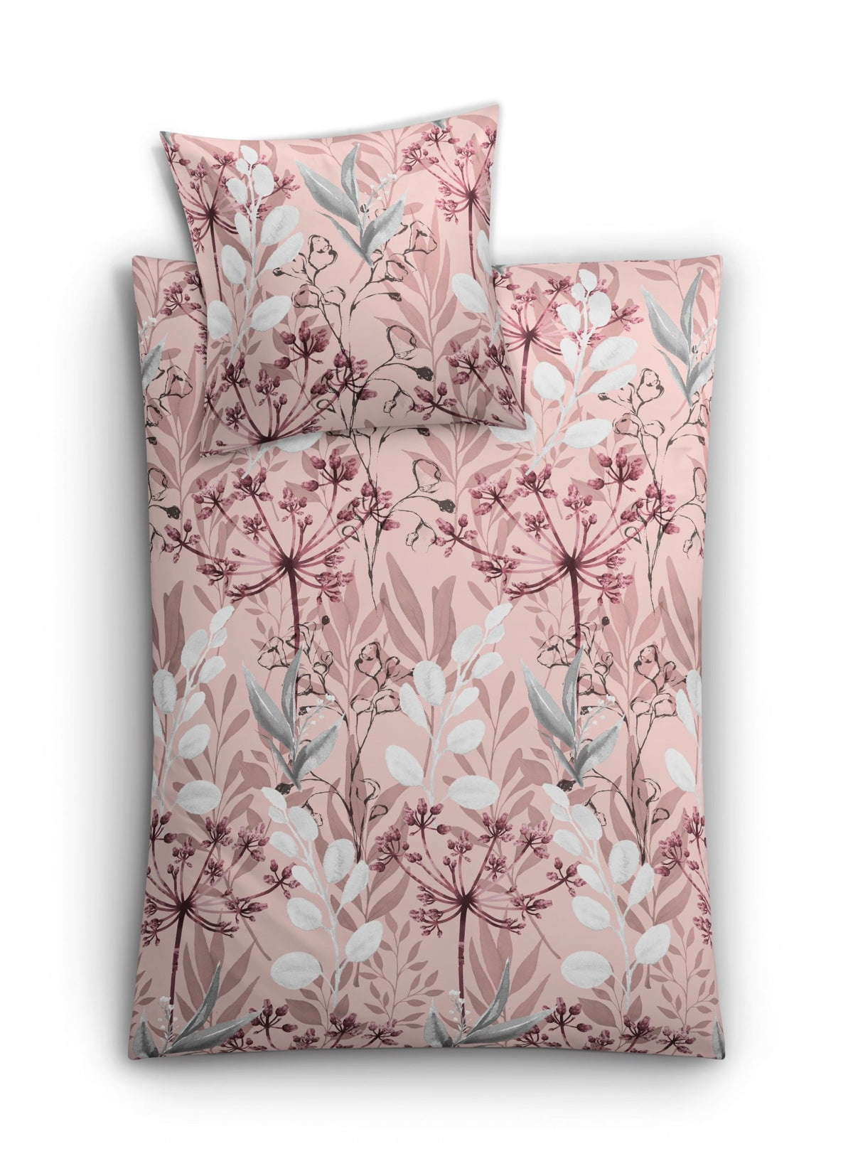 Rosa Bettwäschegarnitur mit filigranem floralen Blätterdruck und Zweigen