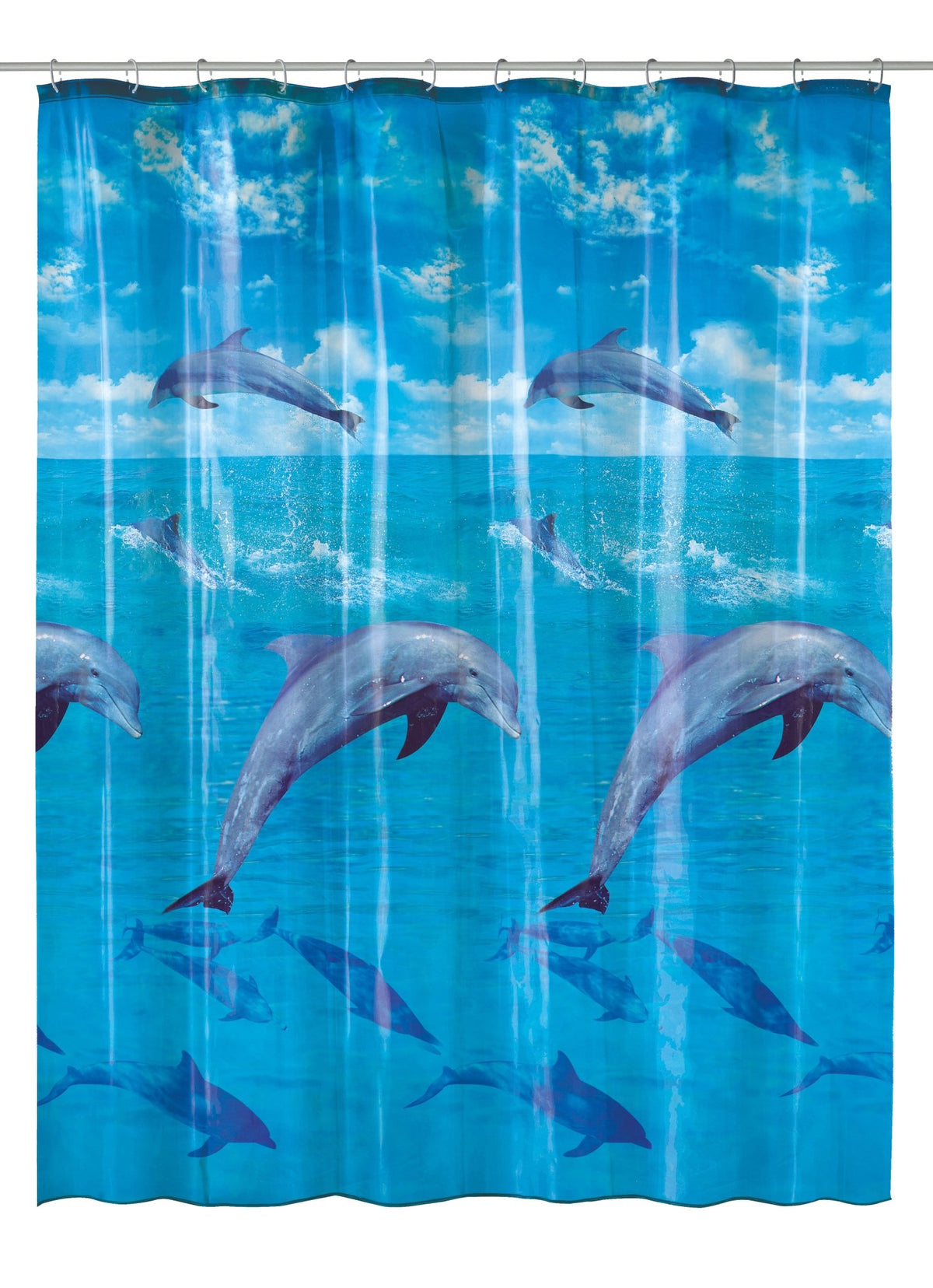 Blauer Duschvorhang mit springenden Delfinen auf blauem Ozeanmotiv