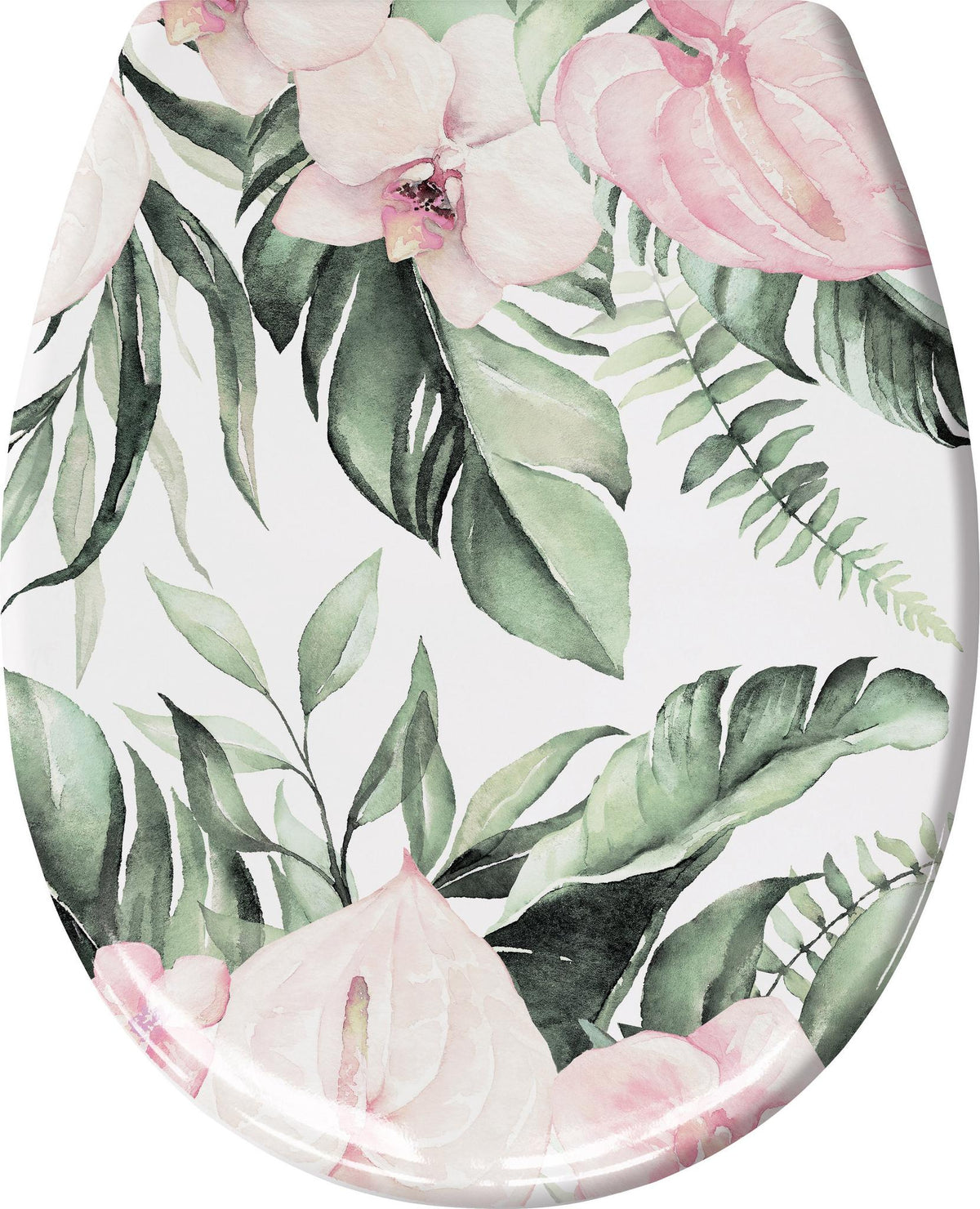 Toilettensitz mit rosa Blüten und grünen Blättern auf weißem Grund
