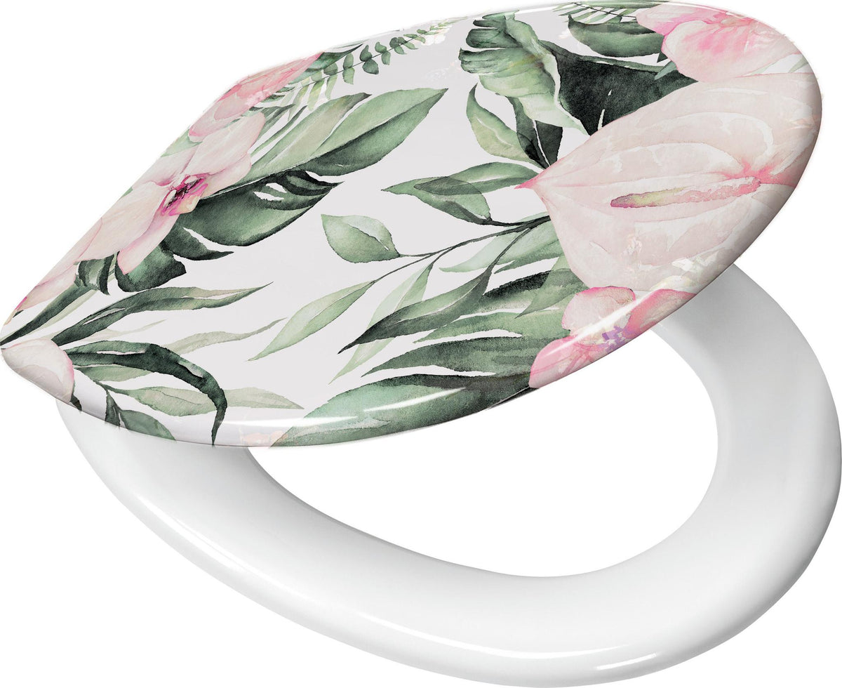 Toilettenbrille aus Weißkunststoff mit pastellfarbenem Blumenmuster