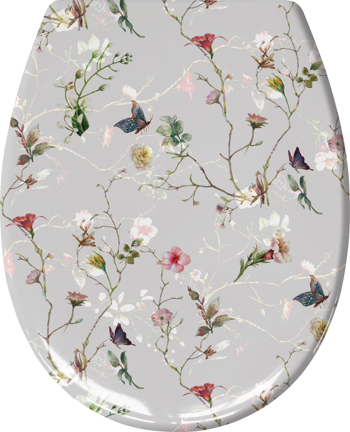 Grauer Toilettensitz mit zarten Blumenranken und bunten Schmetterlingen