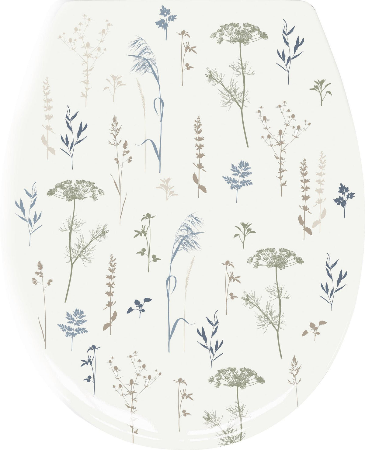 WC-Sitz mit zarten Wiesenblumen in Beige, Blau und Grün dekoriert