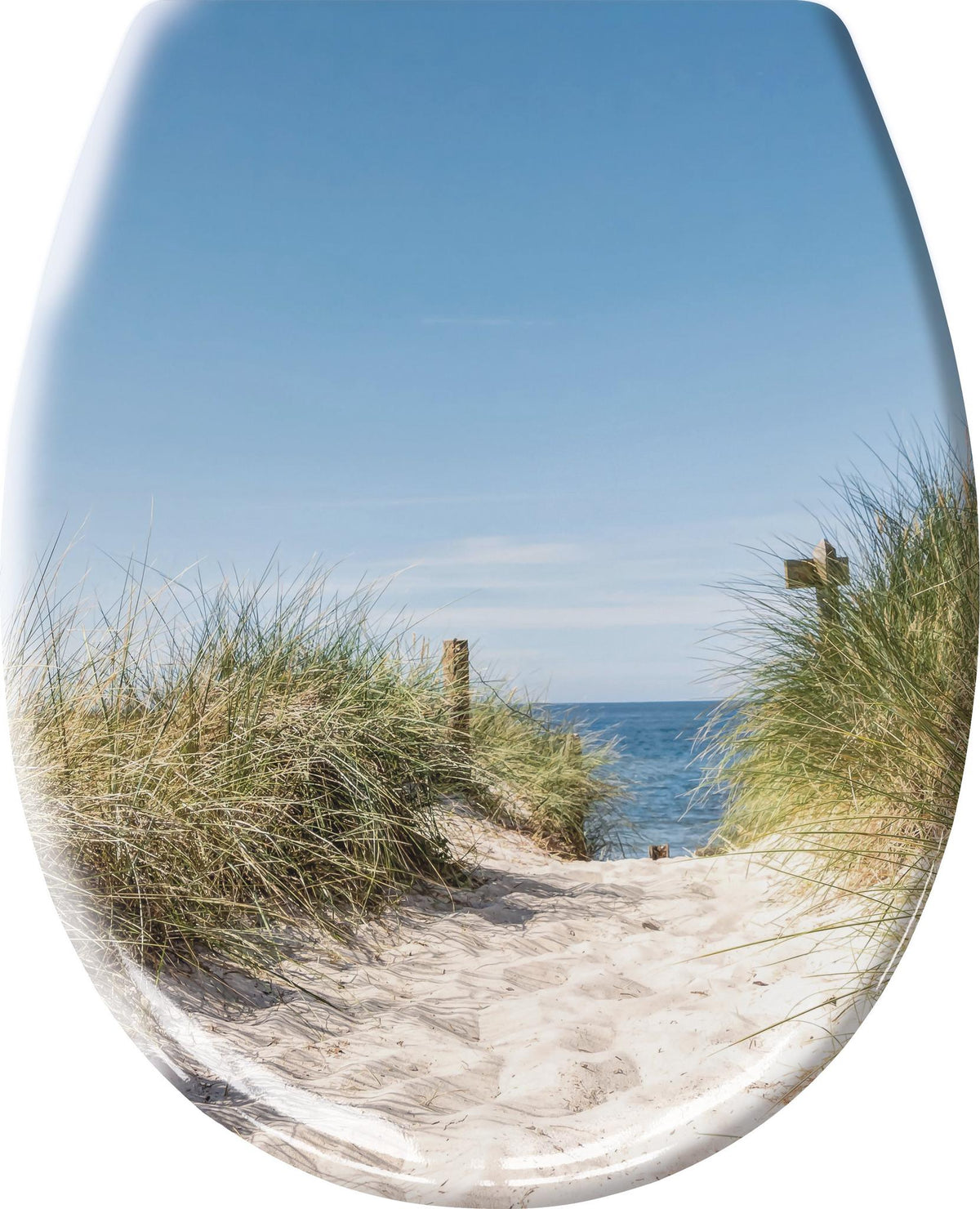 Sandweg durch Dünen zum Meer unter blauem Himmel mit hohem Dünengras