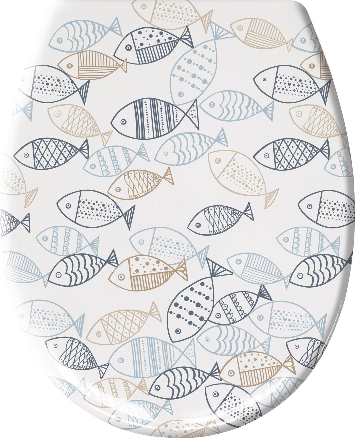 WC-Sitz aus Weiß mit blau-beigen Fischmotiven in verschiedenen Mustern darauf