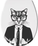 WC-Sitzdeckel mit Illustration einer Katze im Anzug und Brille