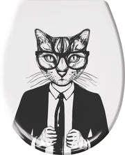 WC-Sitzdeckel mit Illustration einer Katze im Anzug und Brille