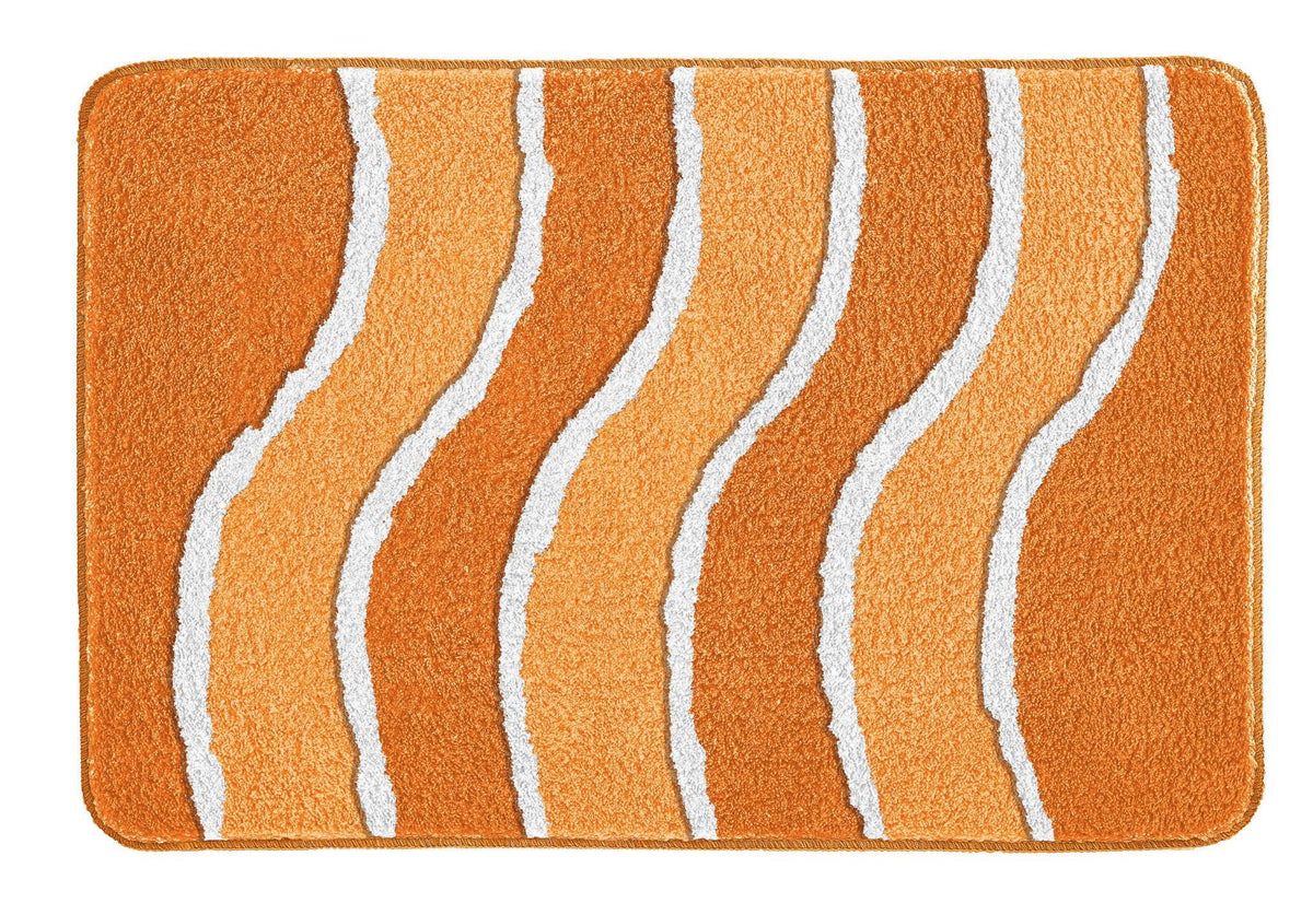 Orange Badematte mit weißen und hellorangen wellenförmigen Streifen