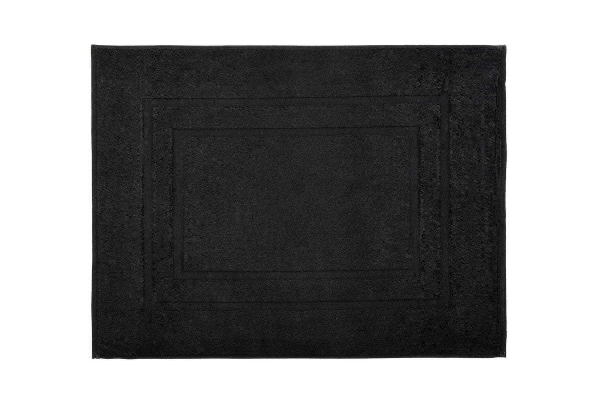 Quadratische schwarze Badematte mit dezentem Randmuster aus Frottier
