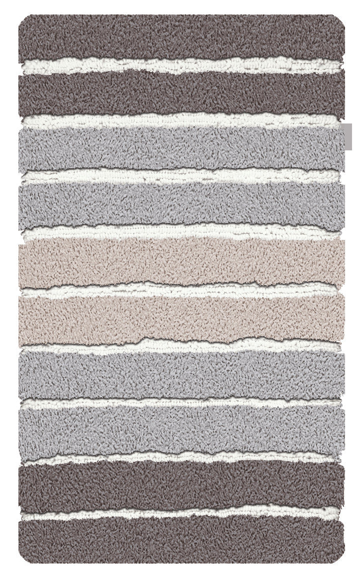 Gestreifter Badteppich in Grau, Beige und Weißtönen mit Hochflorstruktur