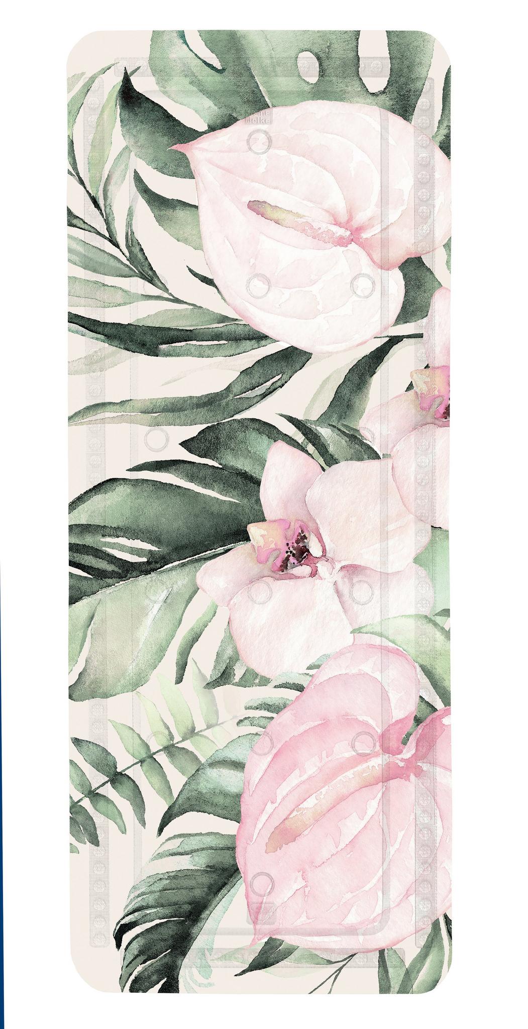 Duschmatte mit rosa Blüten und grünen Blättern auf hellem Hintergrund