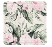 Quadratische Matte mit rosa Orchideen und grünen tropischen Blättern
