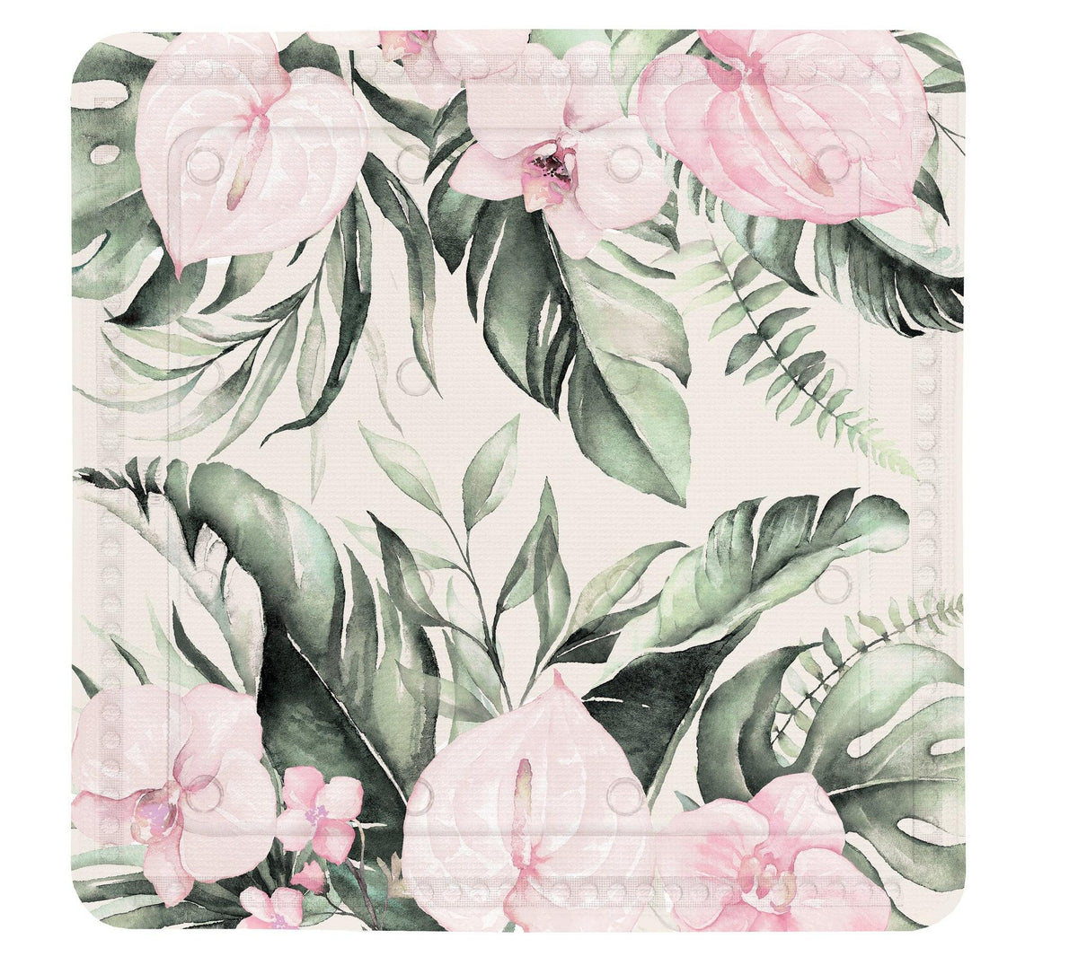 Quadratische Matte mit rosa Orchideen und grünen tropischen Blättern