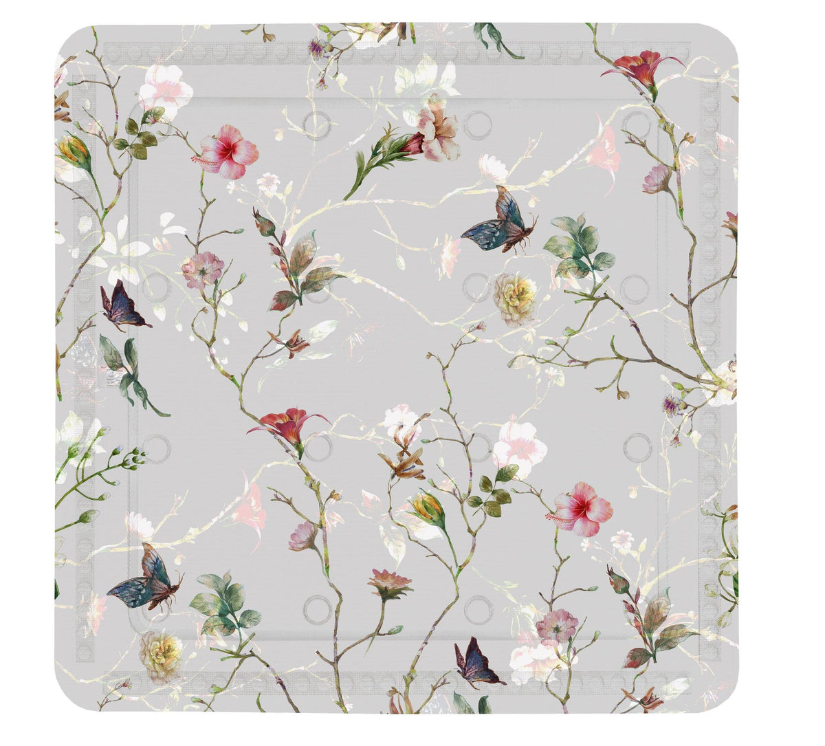 Quadratische Badematte mit zartem Blüten- und Schmetterlingmotiv