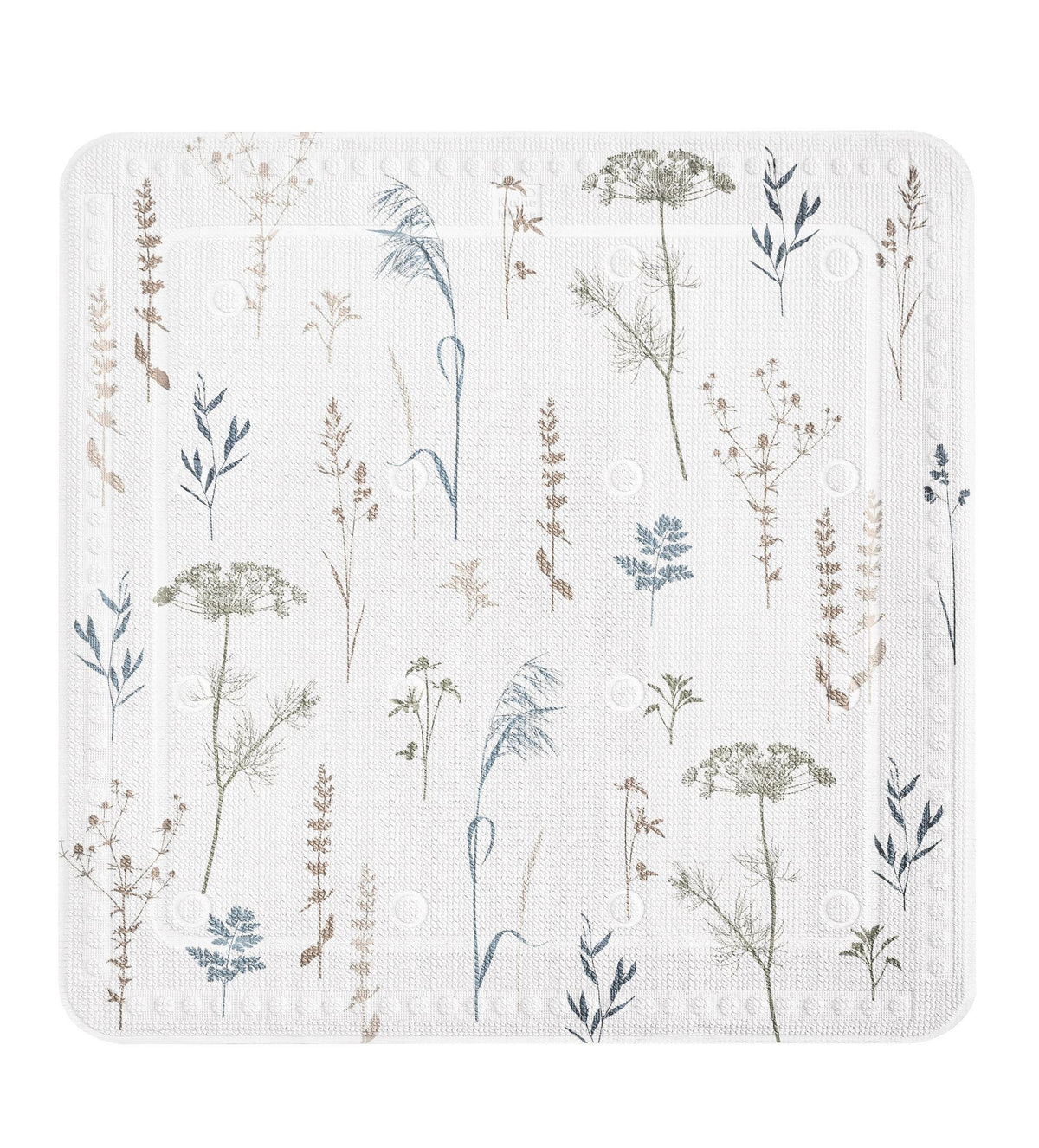 Quadratische weiße Badematte mit zarten bedruckten floralen Gräsermotiven