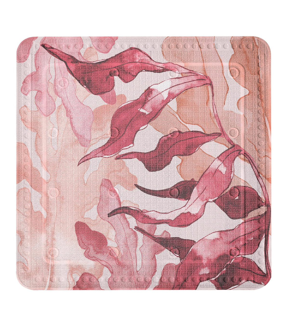 Quadratische Badematte mit rosa und roten Blattmustern auf Weiß