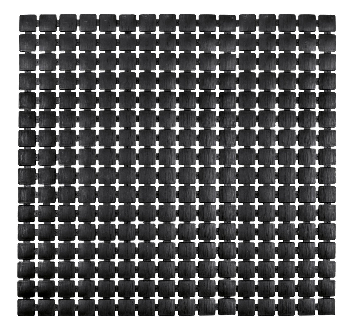 Schwarze quadratische Badematte mit Kreuzmuster in Draufsicht gesehen
