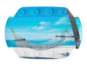 Blaues Badepolster mit Strandmotiv und Hängematte am türkisblauen Meer
