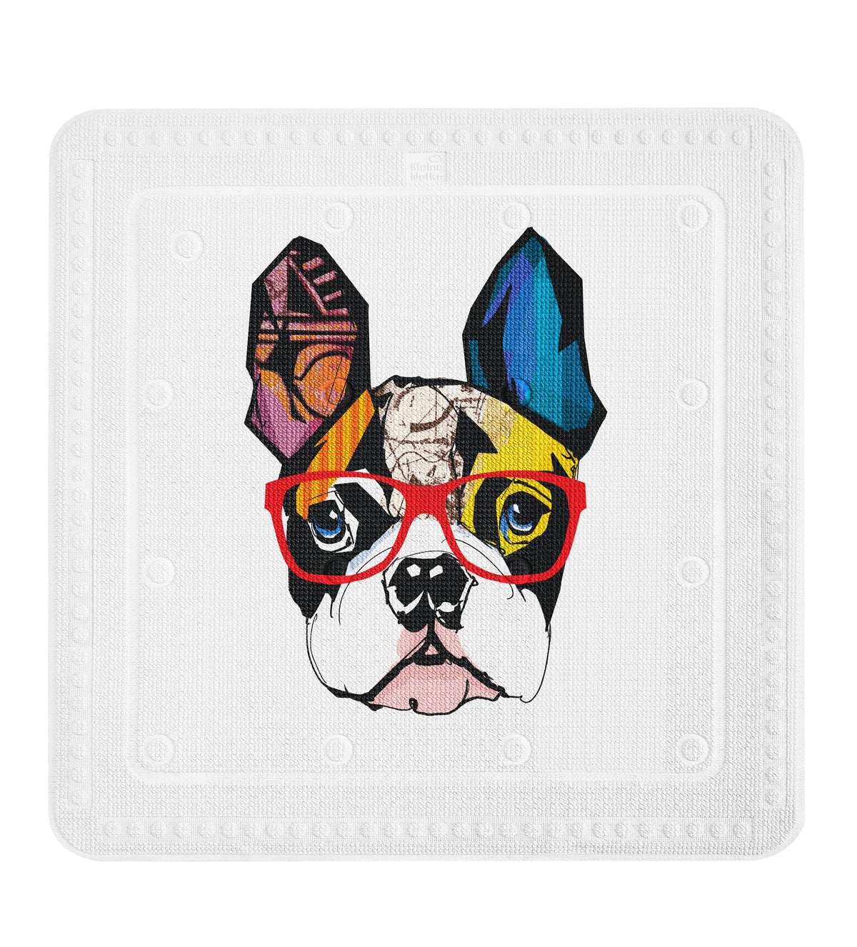 Bunte Bulldogge mit roter Brille im Pop-Art-Stil auf weißem Hintergrund