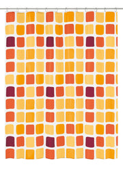 Duschvorhang mit gelben, orangen und roten Quadraten auf Weißgrund