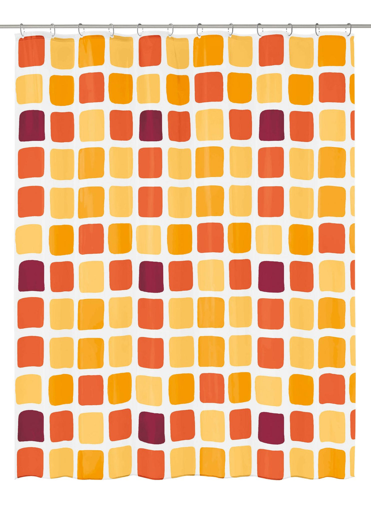 Duschvorhang mit gelben, orangen und roten Quadraten auf Weißgrund