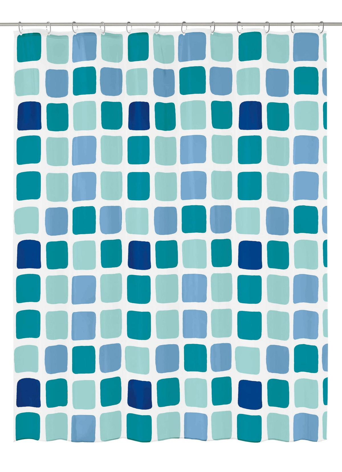 Duschvorhang mit mehrfarbigen blauen und türkisfarbenen Quadraten