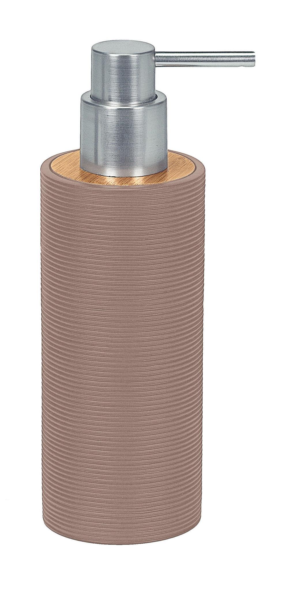 Zylindrischer brauner Seifenspender mit Rillenstruktur und Metallpumpe