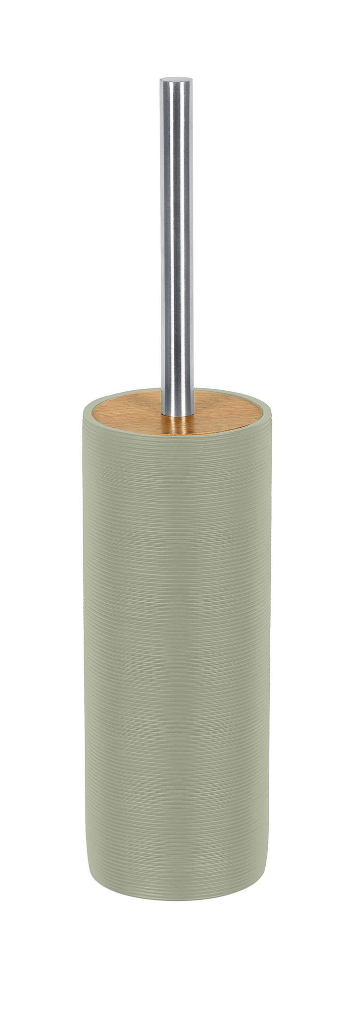 WC-Bürste mit zylindrischem, salbeigrünem Halter, Holzdeckel, Metallgriff