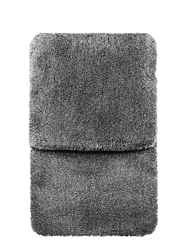 Zwei dunkelgraue rechteckige Badematten mit dichter Hochflor-Oberfläche