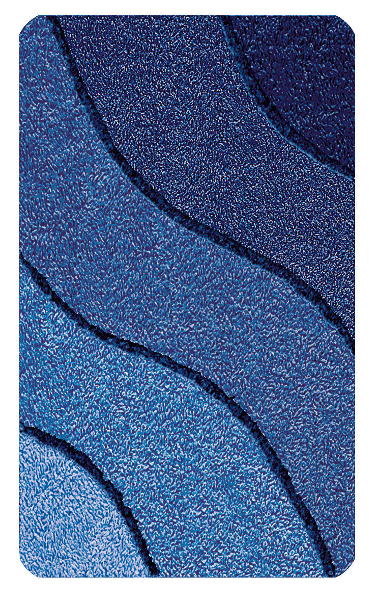Blaue Badematte mit gewelltem Muster in verschiedenen dunklen Blautönen