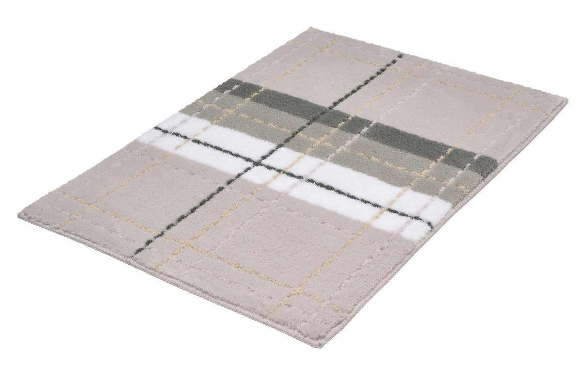 Rechteckige beige Badematte mit kariertem Muster und Streifen in Grau