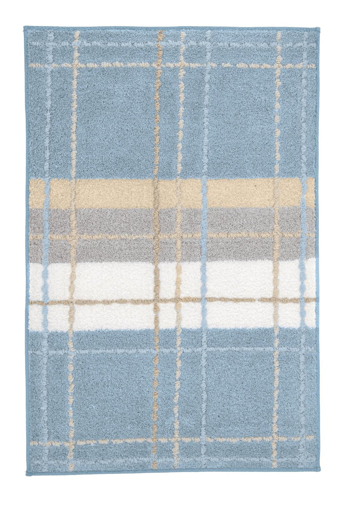 Blauer Badteppich mit kariertem Muster in Beige, Weiß und Grau