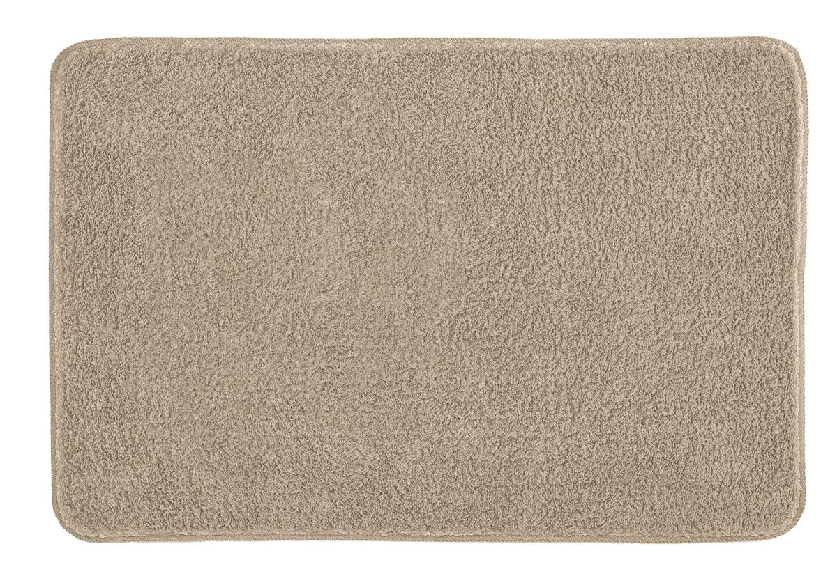 Rechteckige, beige Badematte mit weicher, dichter Oberfläche aus Stoff