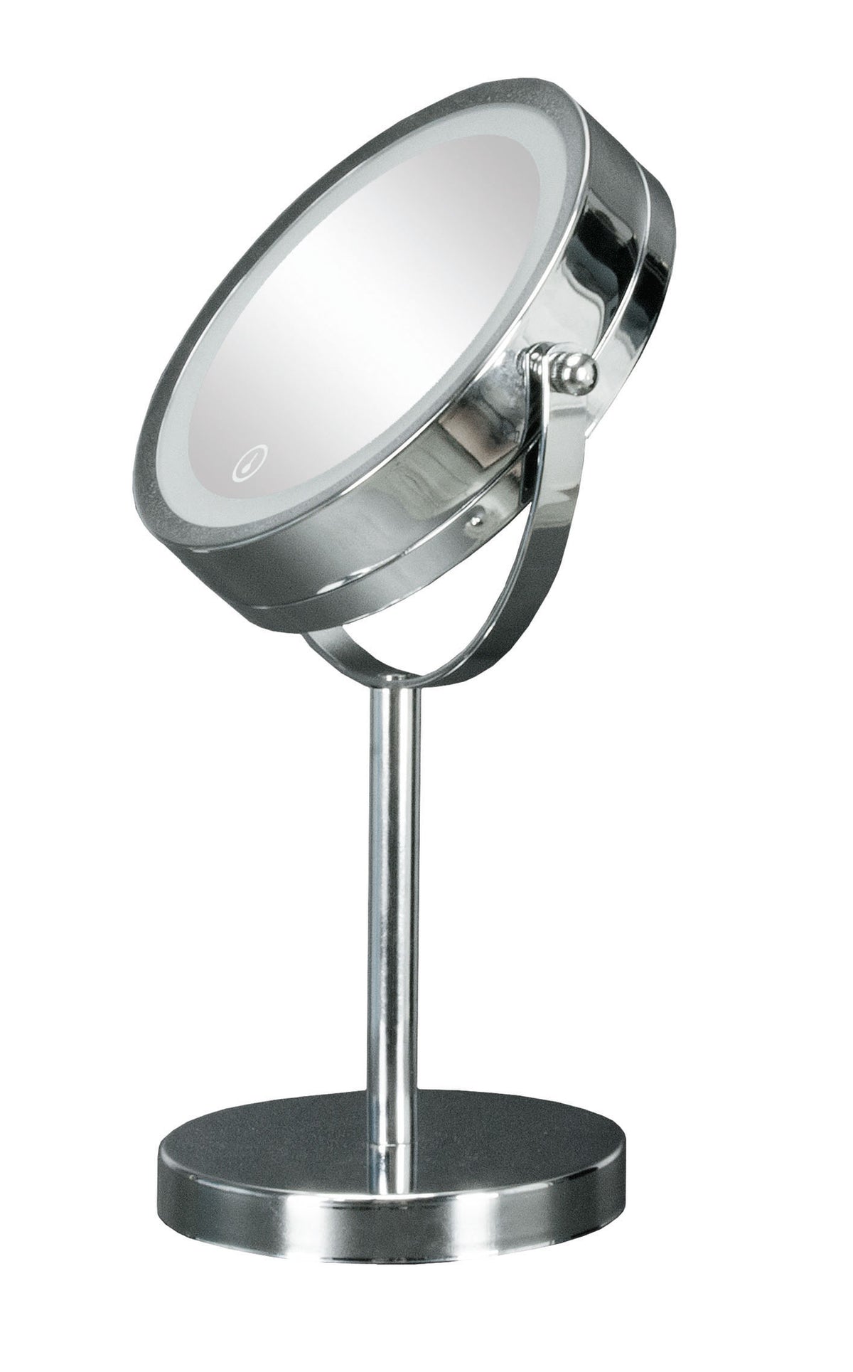 Runder, vergrößernder Kosmetikspiegel aus Chrom auf Standfuß mit LED
