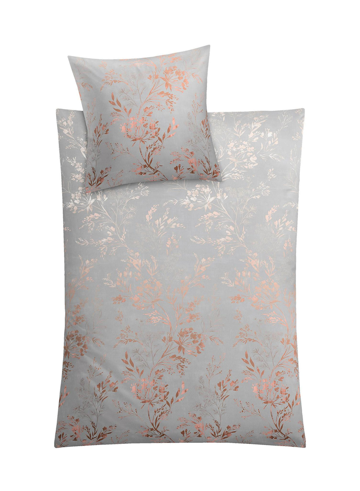 Graue Bettwäsche mit roségoldenem Blumenmuster auf Kissen und Decke