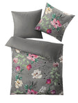 Graue Bettwäsche-Garnitur mit buntem Blumenmuster, Decke und Kissen