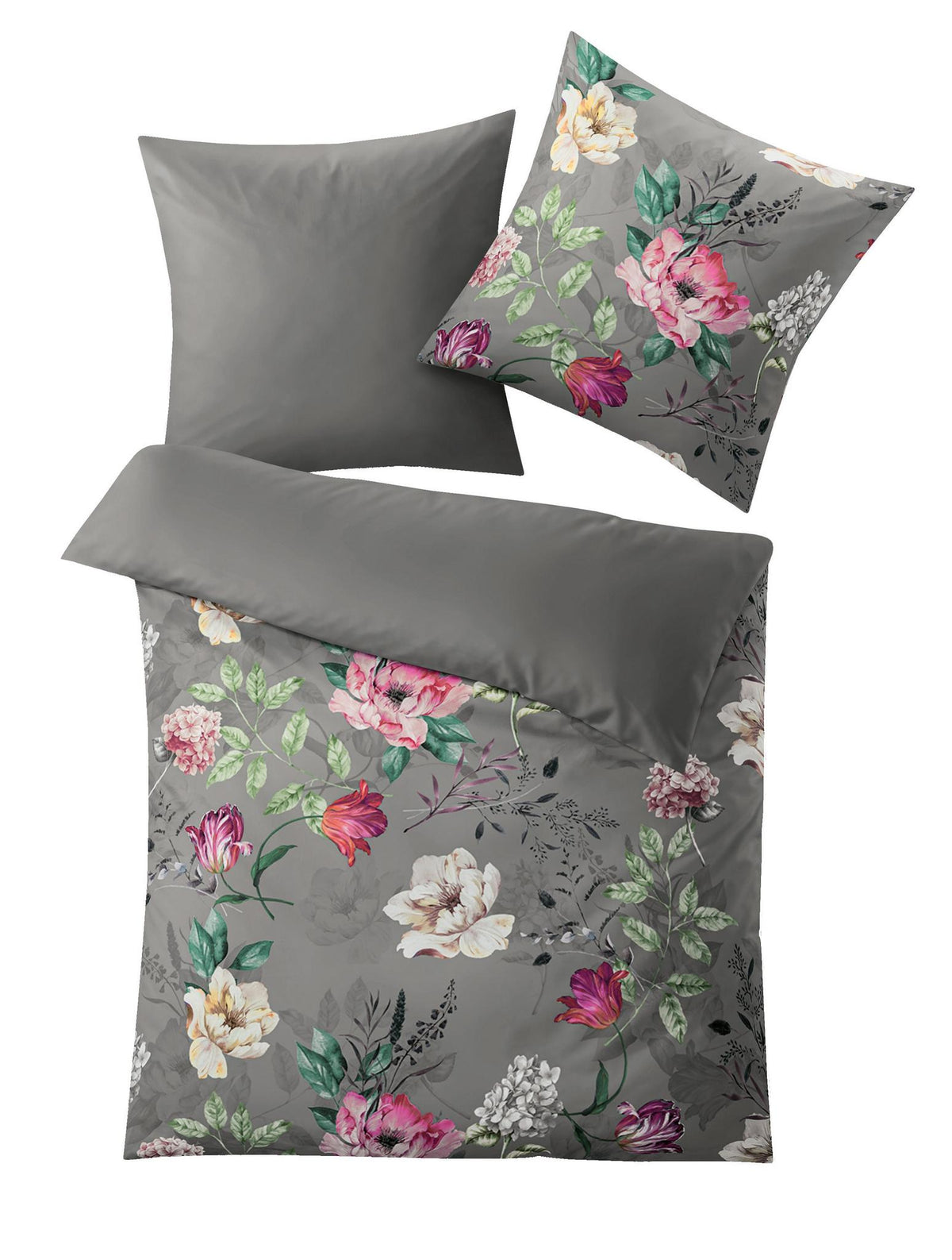 Graue Bettwäsche-Garnitur mit buntem Blumenmuster, Decke und Kissen