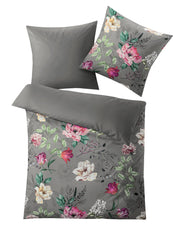 Graue Bettwäsche-Garnitur mit buntem Blumenmuster, Decke und Kissen
