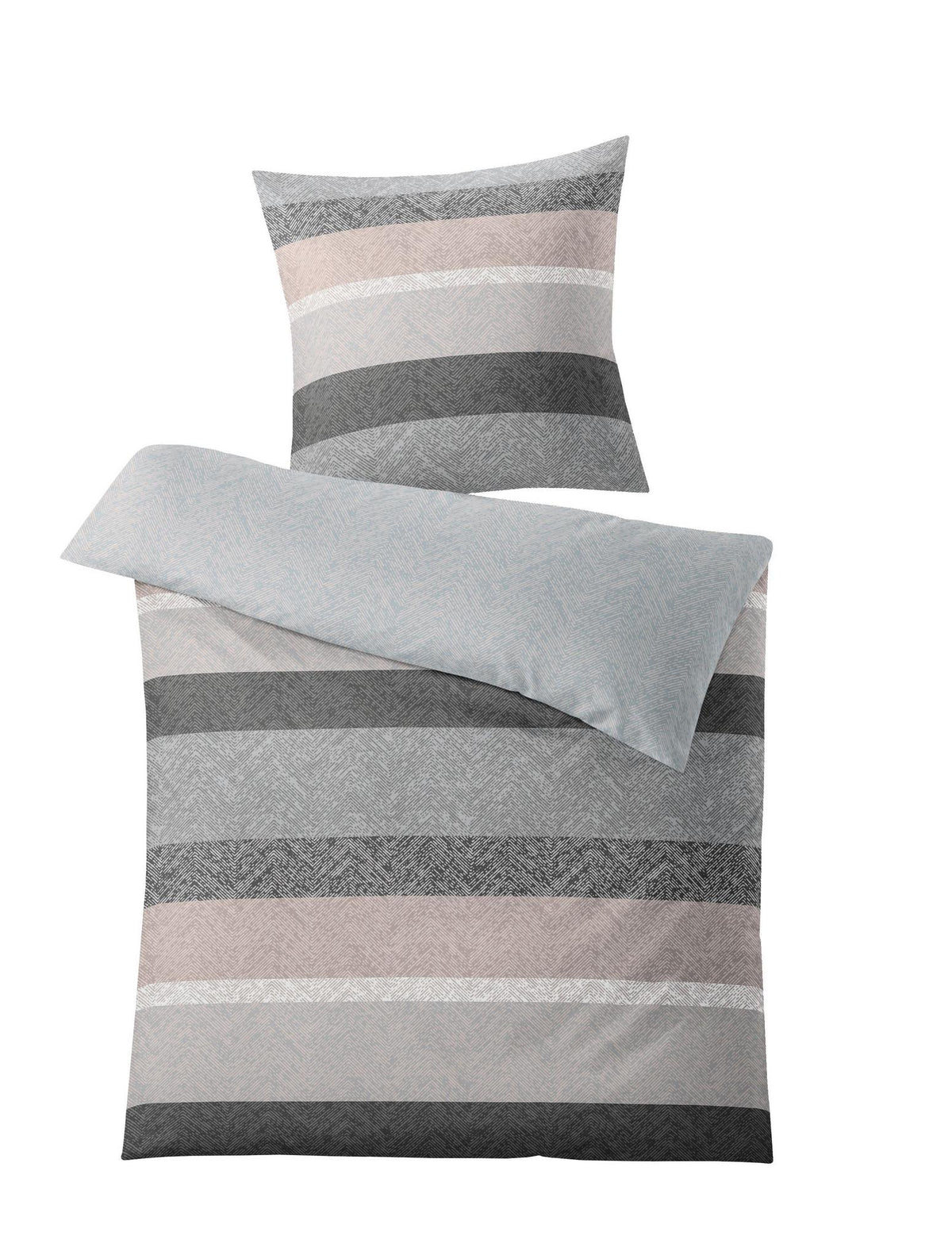 Bettwäsche-Set mit Kissen und Decke in grauen und beigen Streifen