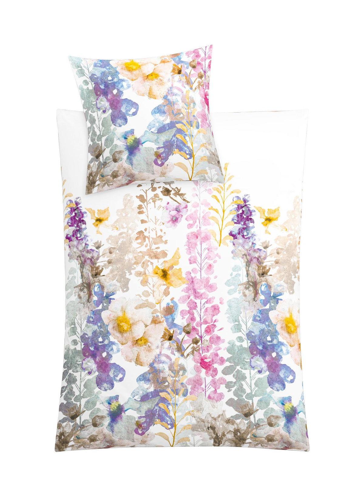 Bettwäsche mit buntem Aquarell-Blumenmuster auf weißem Hintergrund