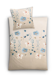 Bettwäsche-Set in Beige mit weißen und blauen zarten Blumenmotiven