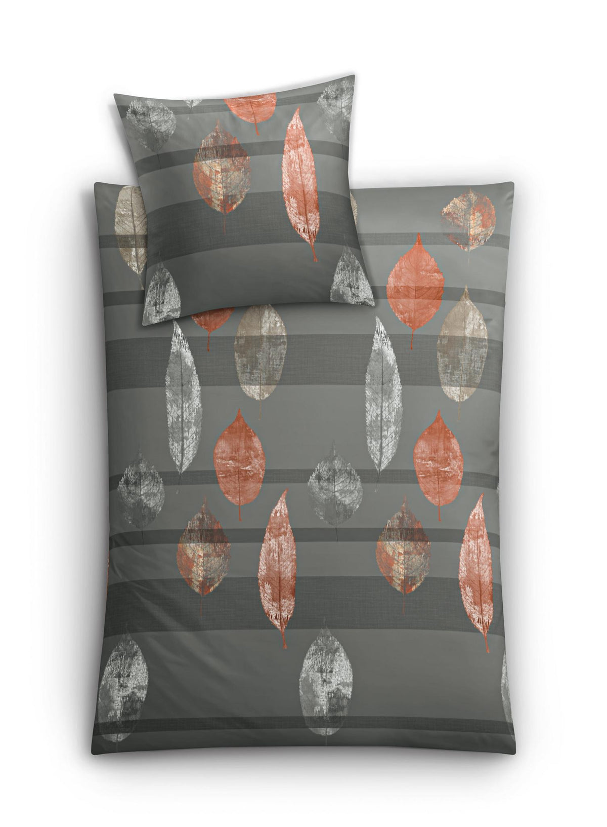 Graue Bettwäsche mit weißen und orangefarbenen Blättermotiven auf Grau