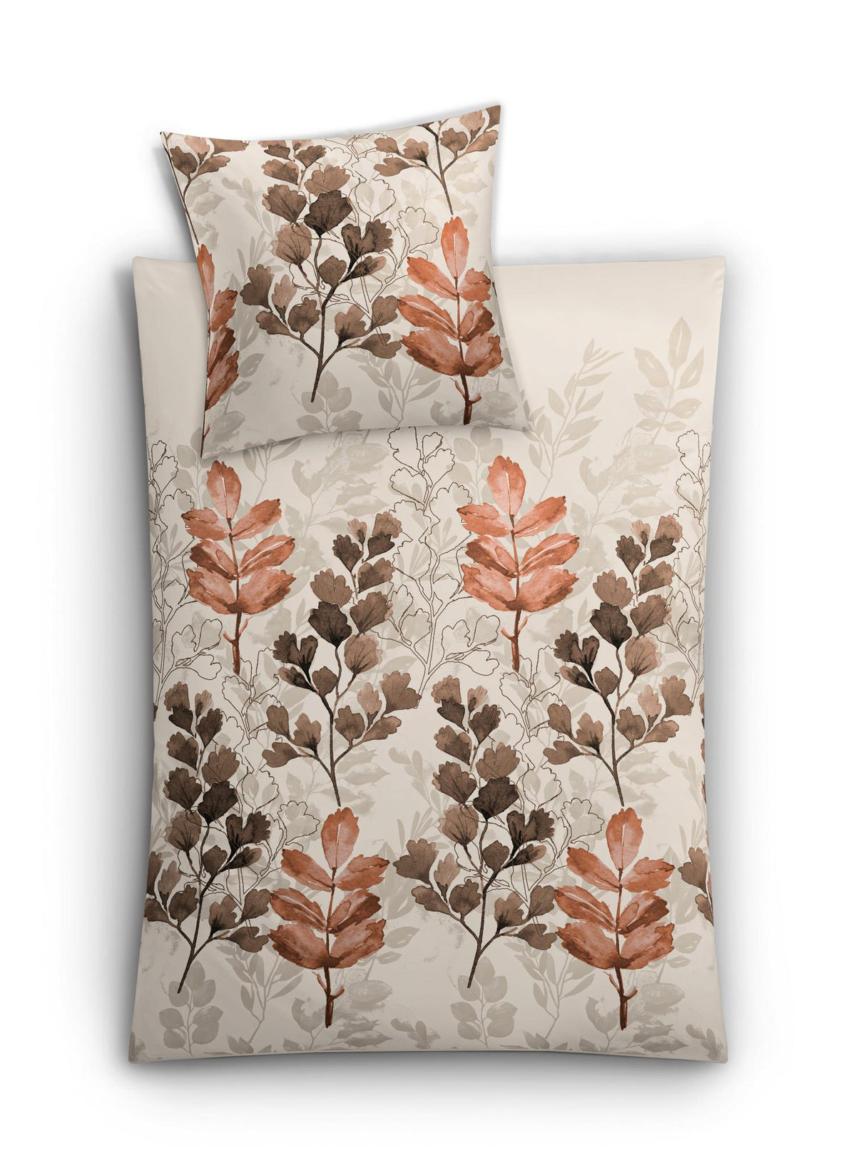 Bettwäsche-Set in Beige mit braun-orangenem Blätterdruck und Kissen