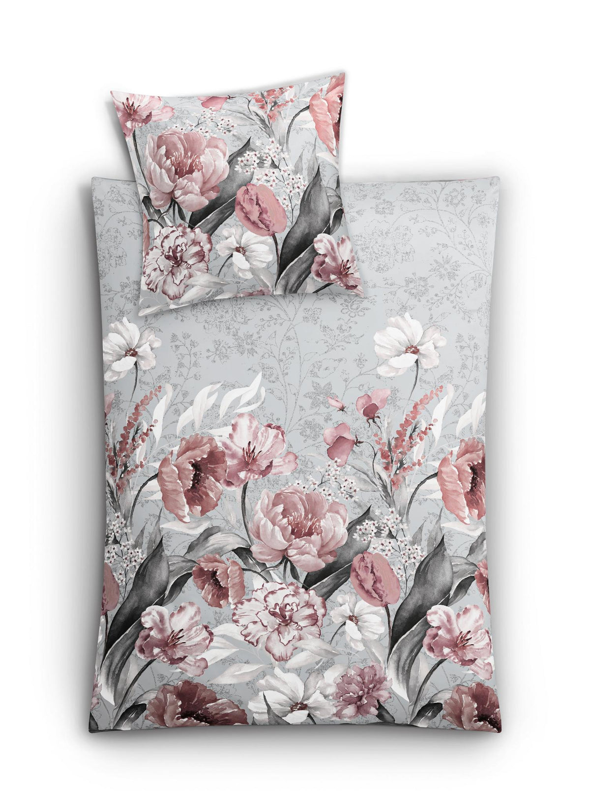 Bettwäsche-Set mit grauem Hintergrund und rosa Blumenmuster, groß