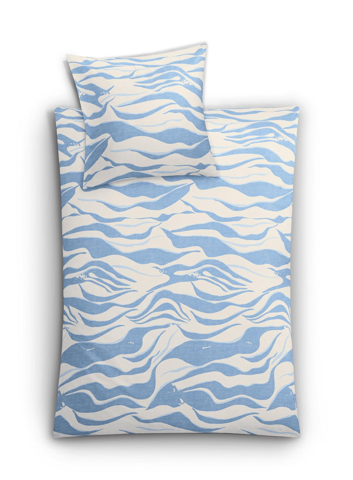 Bettwäsche-Set mit blau-weißem Wellenmuster aus stilisierten Walen