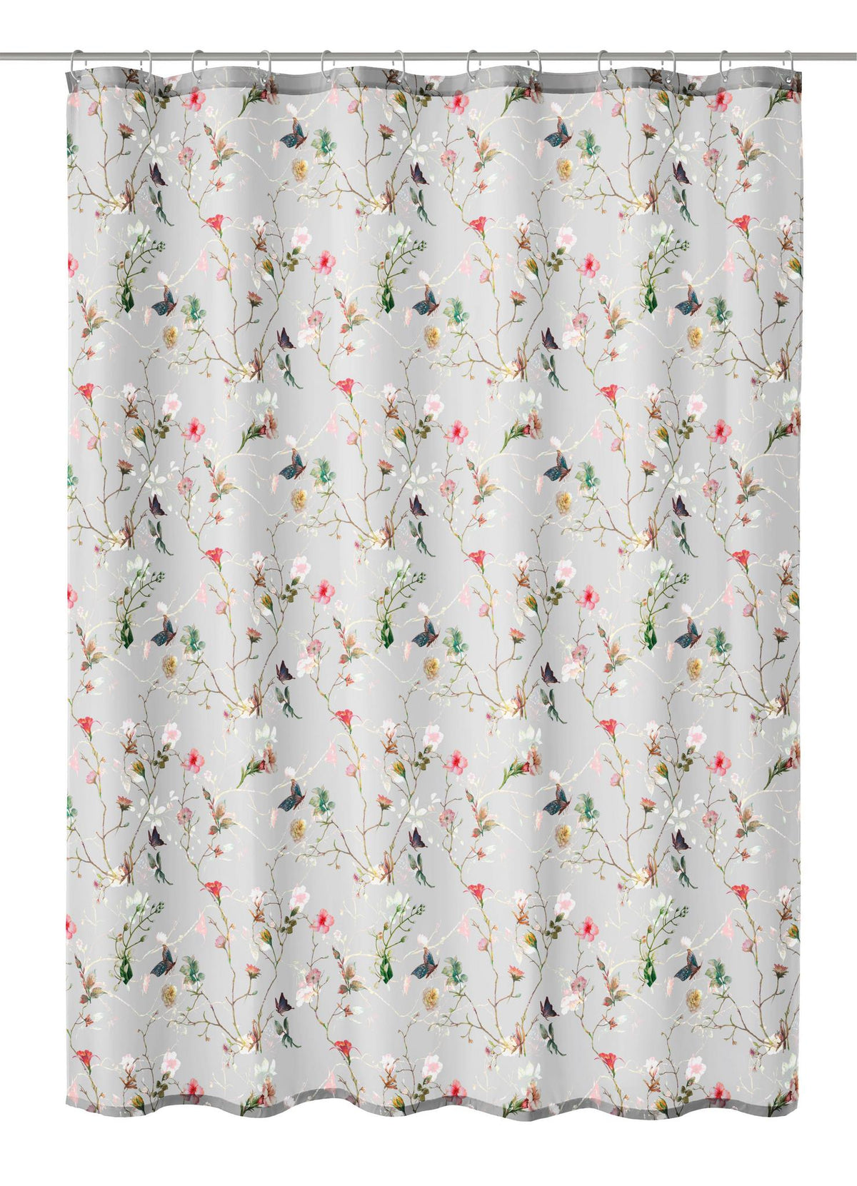 Duschvorhang mit zartem Blumen- und Vogelmotiv auf dezentem Grund