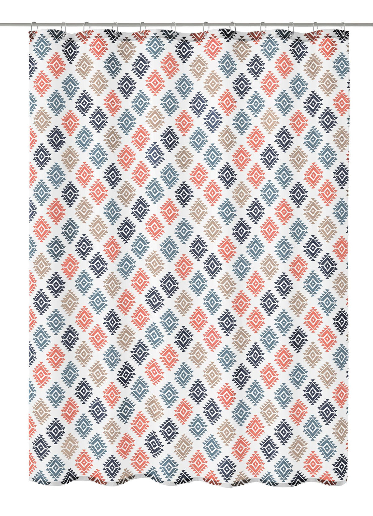 Duschvorhang mit mehrfarbigem Rautenmuster in Blau, Rot und Beige