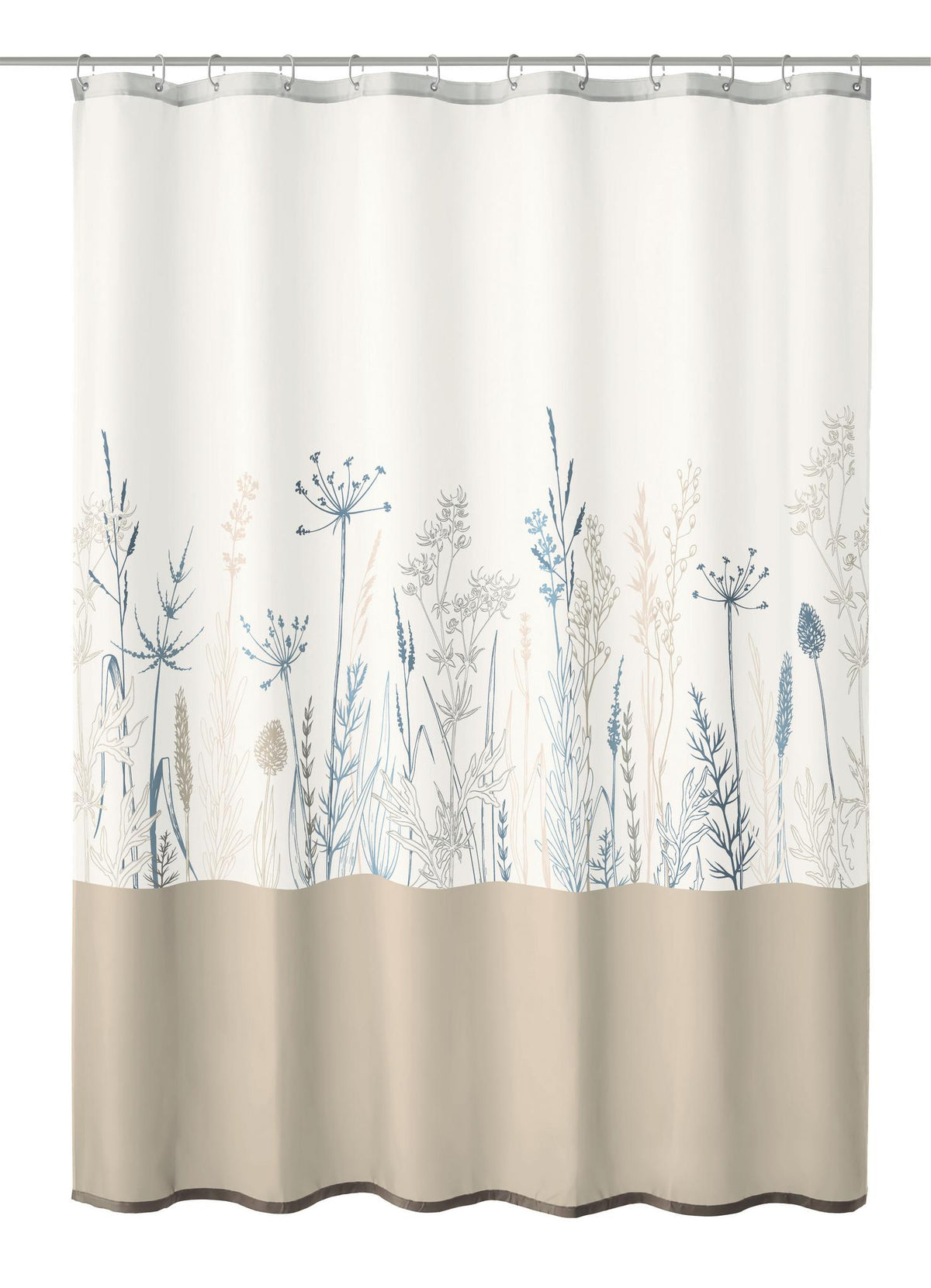 Duschvorhang in Creme mit zarten Pflanzenmotiven in Blau und Beige