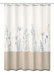 Duschvorhang in Creme mit zarten Pflanzenmotiven in Blau und Beige